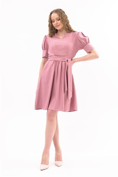 Kadın Kuşaklı Cep Detaylı Kolu Kısa Midi Boy Elbise 4379 /95