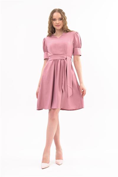 Kadın Kuşaklı Cep Detaylı Kolu Kısa Midi Boy Elbise 4379 /95