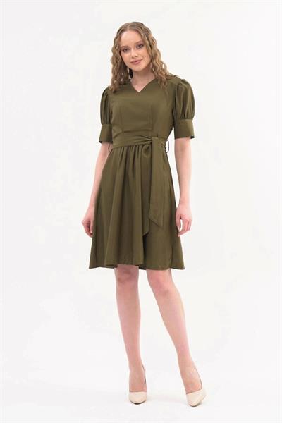 Kadın Kuşaklı Cep Detaylı Kolu Kısa Midi Boy Elbise 4379 /95