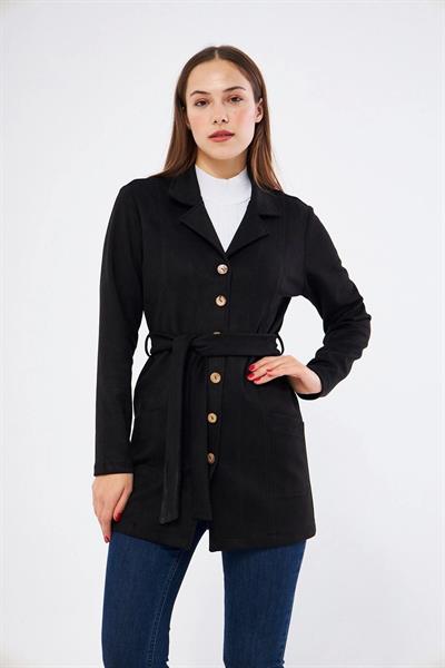 Apsen Kadın Siyah Kuşaklı Cep Detaylı Süet Ceket 6501/80