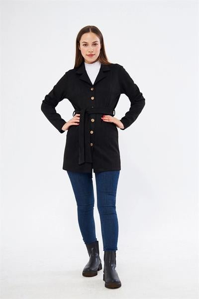 Apsen Kadın Siyah Kuşaklı Cep Detaylı Süet Ceket 6501/80