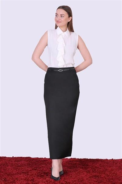 Apsen Kadın Siyah Kemerli Gizli Cep Detaylı Poliviskon Tesettür Etek 2096-95