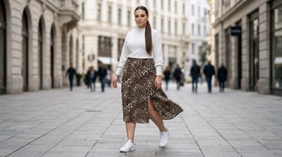 Apsen Kadın Bej Leopar Desenli Yırtmaç Detaylı Yazlık Midi Büyük Beden Etek 2176/80