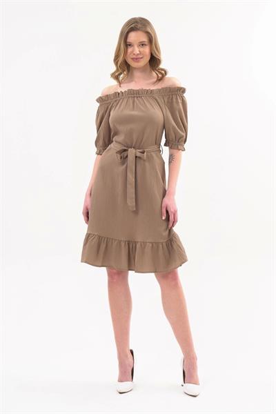 Apsen Kadın Sütlü kahve Madonna Yaka Kuşak Bağlama Detaylı Midi Elbise 4369-95 