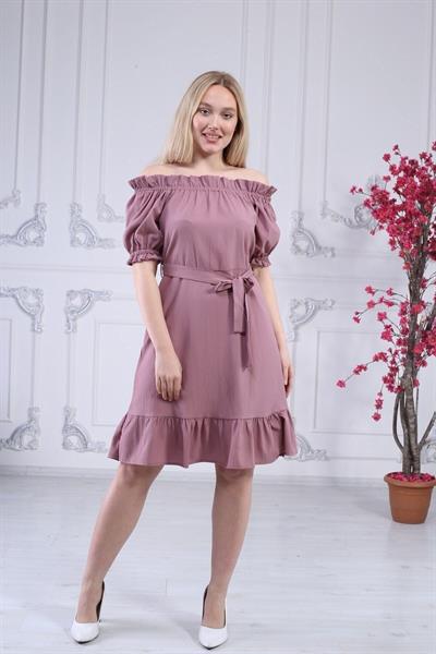 Apsen Kadın Gül Kurusu Madonna Yaka Kuşak Bağlama Detaylı Midi Elbise 4369-95 