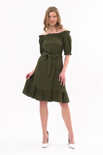 Apsen Kadın Haki Madonna Yaka Kuşak Bağlama Detaylı Midi Elbise 4369-95 