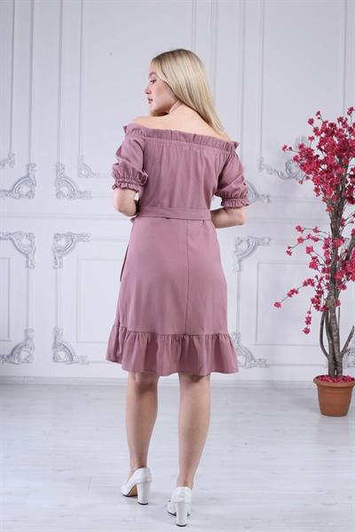 Apsen Kadın Gül Kurusu Madonna Yaka Kuşak Bağlama Detaylı Midi Elbise 4369-95 