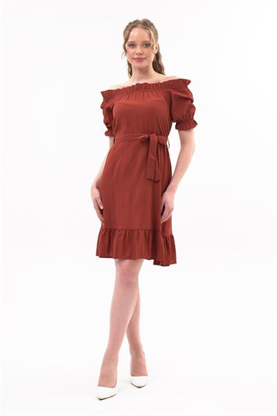 Apsen  Kadın Kiremit Madonna Yaka Kuşak Bağlama Detaylı Midi Elbise 4369-95