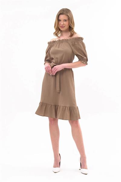 Apsen Kadın Sütlü kahve Madonna Yaka Kuşak Bağlama Detaylı Midi Elbise 4369-95 