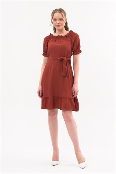 Apsen  Kadın Kiremit Madonna Yaka Kuşak Bağlama Detaylı Midi Elbise 4369-95