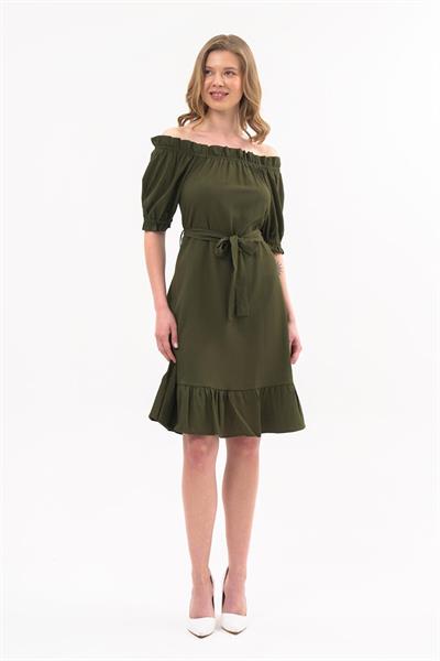 Apsen Kadın Haki Madonna Yaka Kuşak Bağlama Detaylı Midi Elbise 4369-95 