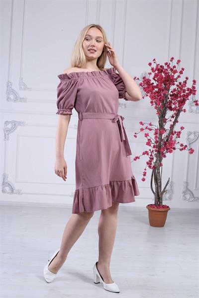 Apsen Kadın Gül Kurusu Madonna Yaka Kuşak Bağlama Detaylı Midi Elbise 4369-95 