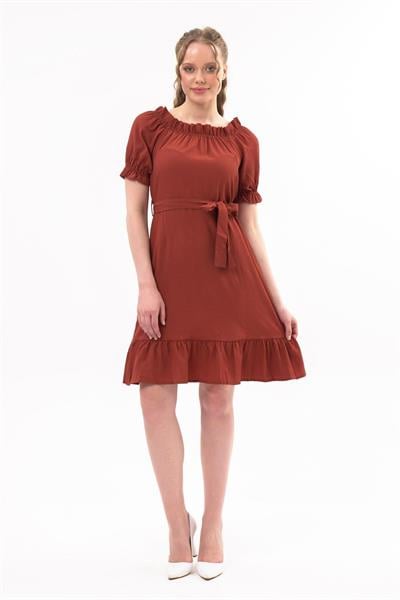 Apsen  Kadın Kiremit Madonna Yaka Kuşak Bağlama Detaylı Midi Elbise 4369-95