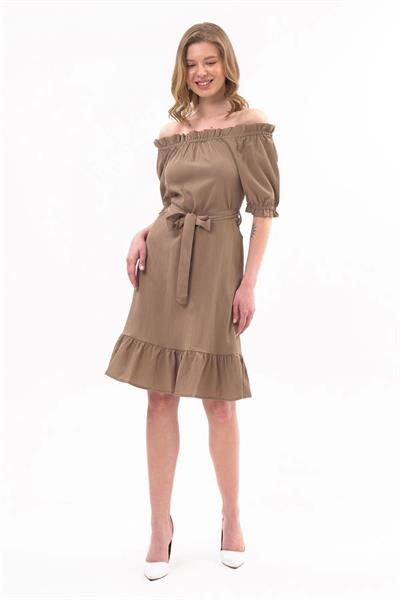 Apsen Kadın Sütlü kahve Madonna Yaka Kuşak Bağlama Detaylı Midi Elbise 4369-95 