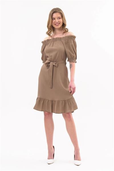 Apsen Kadın Sütlü kahve Madonna Yaka Kuşak Bağlama Detaylı Midi Elbise 4369-95 