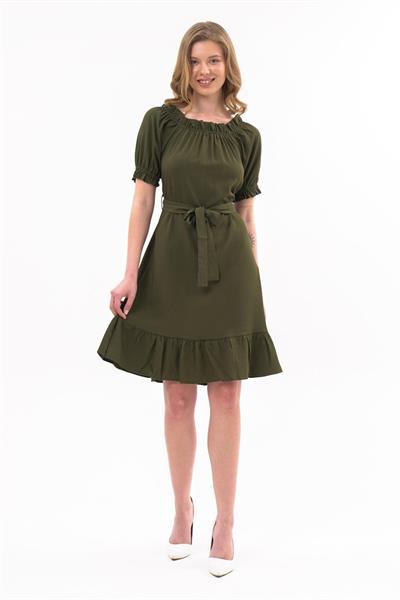 Apsen Kadın Haki Madonna Yaka Kuşak Bağlama Detaylı Midi Elbise 4369-95 