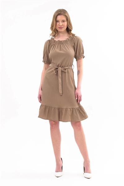 Apsen Kadın Sütlü kahve Madonna Yaka Kuşak Bağlama Detaylı Midi Elbise 4369-95 