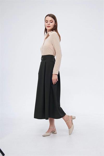 Apsen Kadın Haki  Metal Aksesuar Detaylı Mevsimlik Kloş Tesettür Etek 2054-90 