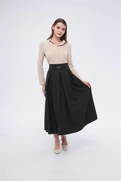 Apsen Kadın Haki  Metal Aksesuar Detaylı Mevsimlik Kloş Tesettür Etek 2054-90 