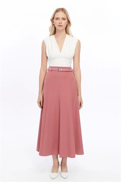 Apsen Kadın Gül Kurusu Mevsimlik Kemer Detaylı Parçalı Kloş Uzun Etek 1003-95