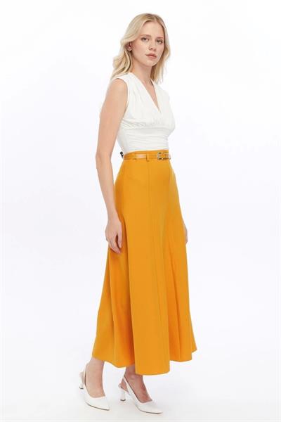 Apsen Kadın Hardal Mevsimlik Kemer Detaylı Parçalı Kloş Uzun Etek 1003-95