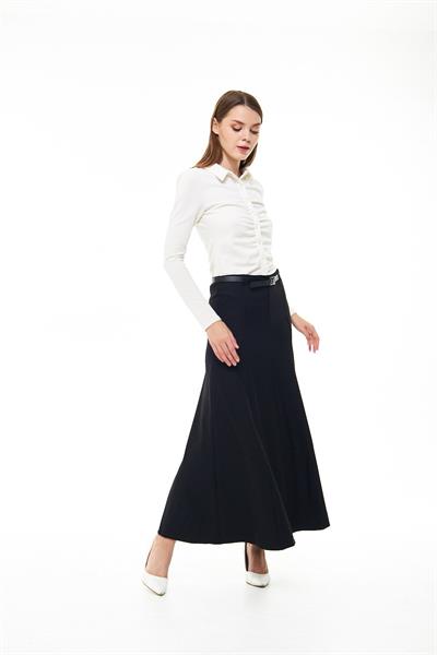 Apsen Kadın Siyah Mevsimlik Kemer Detaylı Parçalı Kloş Uzun Etek1003-95