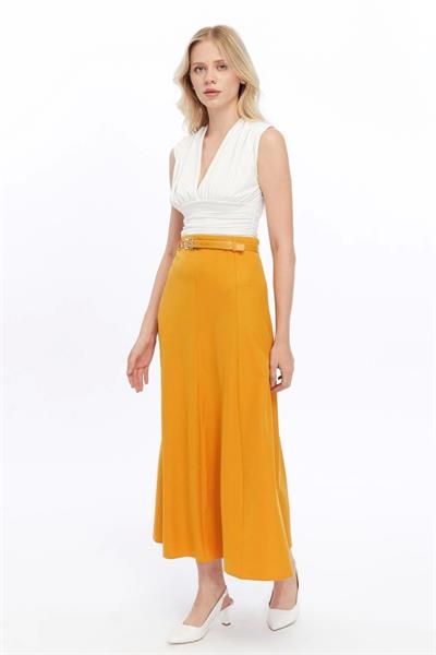 Apsen Kadın Hardal Mevsimlik Kemer Detaylı Parçalı Kloş Uzun Etek 1003-95