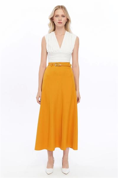 Apsen Kadın Hardal Mevsimlik Kemer Detaylı Parçalı Kloş Uzun Etek 1003-95