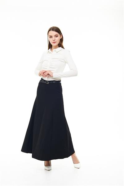 Apsen Kadın Siyah Mevsimlik Kemer Detaylı Parçalı Kloş Uzun Etek1003-95