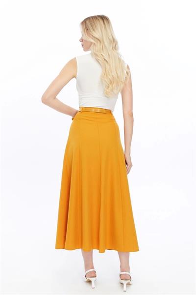Apsen Kadın Hardal Mevsimlik Kemer Detaylı Parçalı Kloş Uzun Etek 1003-95