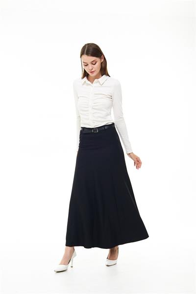 Apsen Kadın Siyah Mevsimlik Kemer Detaylı Parçalı Kloş Uzun Etek1003-95