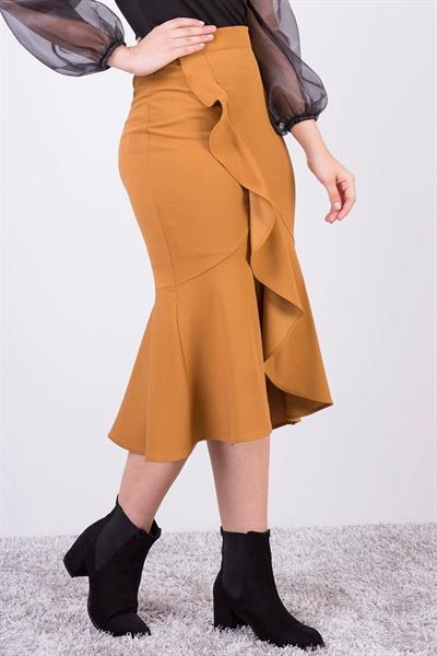 Apsen Kadın Hardal Mevsimlik Volanlı Midi Boy Krep Etek 2123-80