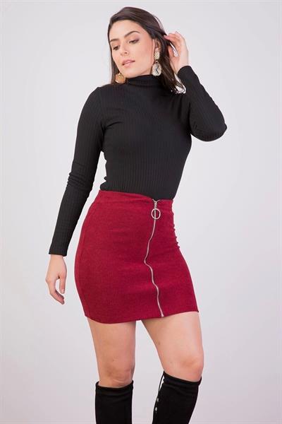 Apsen Kadın Bordo Önden Fermuarlı fitilli Kadife Kışlık Mini Etek 2113-45