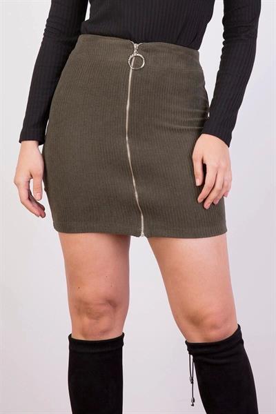 Apsen Kadın Haki Önden Fermuarlı fitilli Kadife Kışlık Mini Etek 2113-45