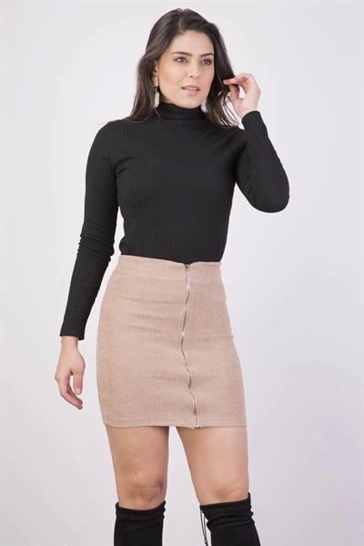 Apsen Kadın Bej Önden Fermuarlı fitilli Kadife Kışlık Mini Etek 2113-45