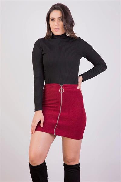 Apsen Kadın Bordo Önden Fermuarlı fitilli Kadife Kışlık Mini Etek 2113-45
