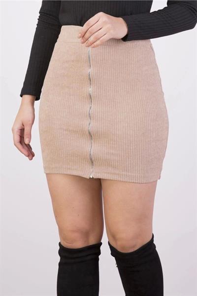 Apsen Kadın Bej Önden Fermuarlı fitilli Kadife Kışlık Mini Etek 2113-45