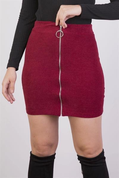 Apsen Kadın Bordo Önden Fermuarlı fitilli Kadife Kışlık Mini Etek 2113-45