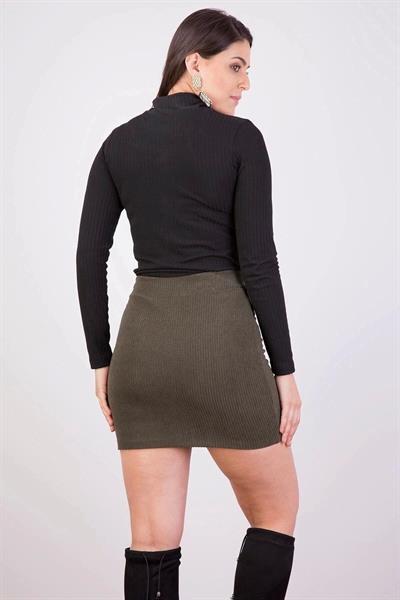 Apsen Kadın Haki Önden Fermuarlı fitilli Kadife Kışlık Mini Etek 2113-45
