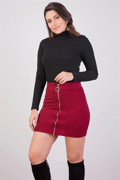 Apsen Kadın Bordo Önden Fermuarlı fitilli Kadife Kışlık Mini Etek 2113-45