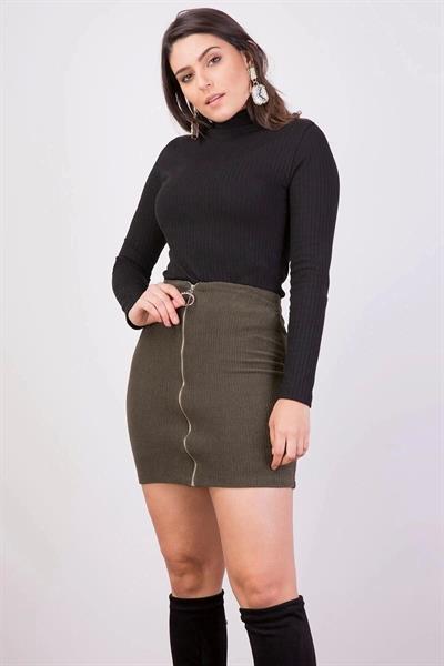 Apsen Kadın Haki Önden Fermuarlı fitilli Kadife Kışlık Mini Etek 2113-45
