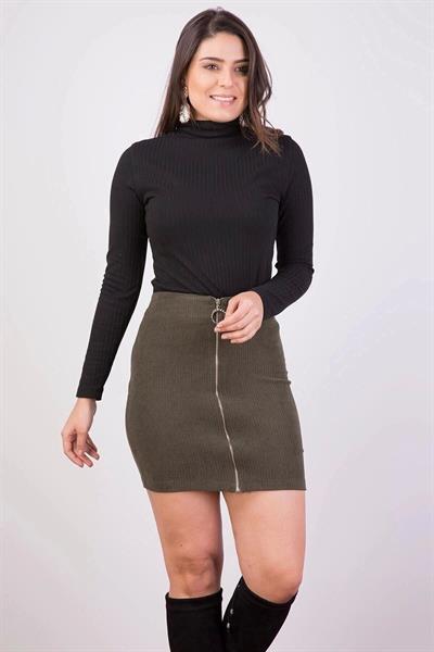 Apsen Kadın Haki Önden Fermuarlı fitilli Kadife Kışlık Mini Etek 2113-45