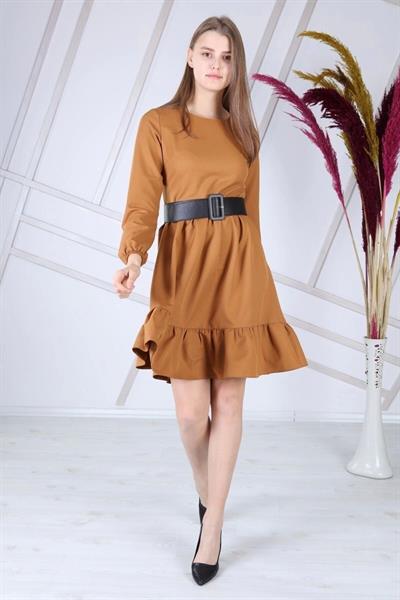 Apsen Kadın Taba Eteği Fırfırlı Bisiklet Yaka Kemer Detaylı Elbise 4345-100