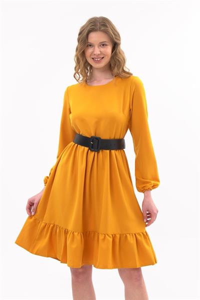 Apsen Kadın Hardal Eteği Fırfırlı Bisiklet Yaka Kemer Detaylı Elbise 4345-100