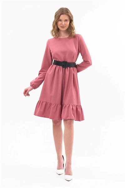 Apsen Kadın Gül Kurusu Eteği Fırfırlı Bisiklet Yaka Kemer Detaylı Elbise 4345-100