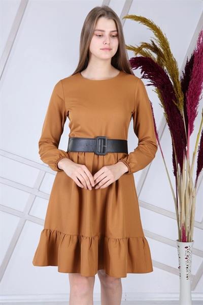 Apsen Kadın Taba Eteği Fırfırlı Bisiklet Yaka Kemer Detaylı Elbise 4345-100