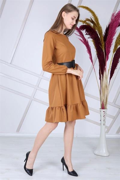 Apsen Kadın Taba Eteği Fırfırlı Bisiklet Yaka Kemer Detaylı Elbise 4345-100