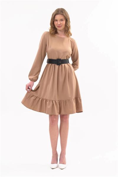 Apsen Kadın Camel Eteği Fırfırlı Bisiklet Yaka Kemer Detaylı Elbise 4345-100