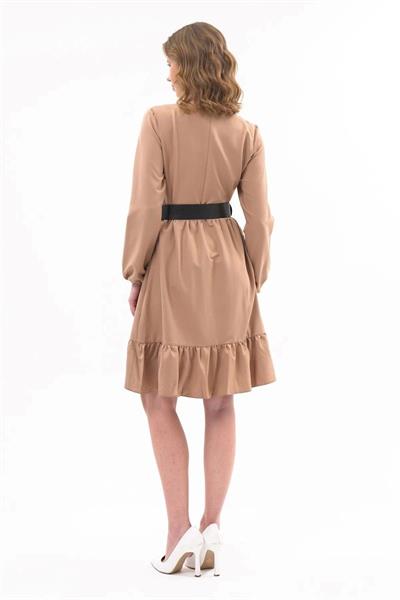 Apsen Kadın Camel Eteği Fırfırlı Bisiklet Yaka Kemer Detaylı Elbise 4345-100