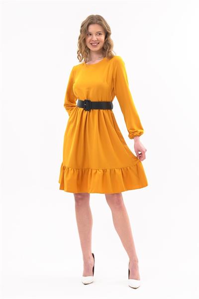 Apsen Kadın Hardal Eteği Fırfırlı Bisiklet Yaka Kemer Detaylı Elbise 4345-100